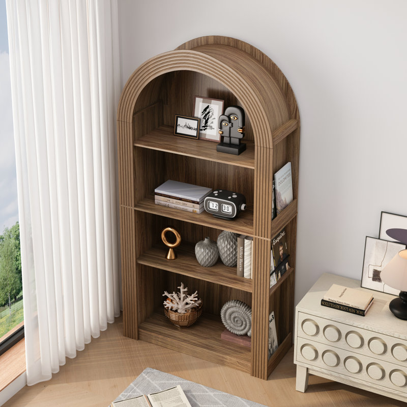 78.74" Tall Arched Bookcase, Mid Century Modern 4Tier Arched Storage Bookcase With Open Display Storage Shelf For Dining Room, Living Room,Bedroom (Brown)