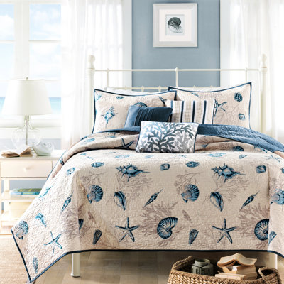 Courtepointe en microfibre bleue avec broderie et détails, double / grand, coussins décoratifs à motif corail à motif côtier, double / grand