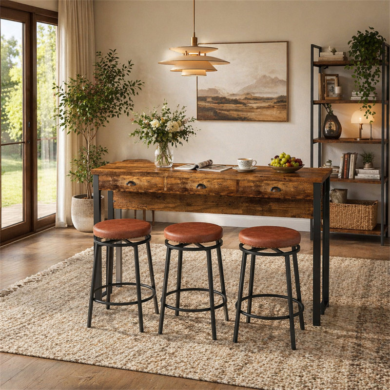 Ensemble de table de salle à manger à 3 tiroirs avec prises de courant, ensemble de table de bar avec tabourets circulaires en polyuréthane, facile à assembler, brun