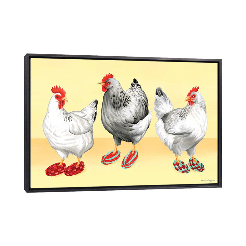 «Hens Slipper» par Amélie Legault - reproduction d'art, H 18 po x l 26 po x P 1,5 po, Toile avec cadre noir patiné, Aucun mat