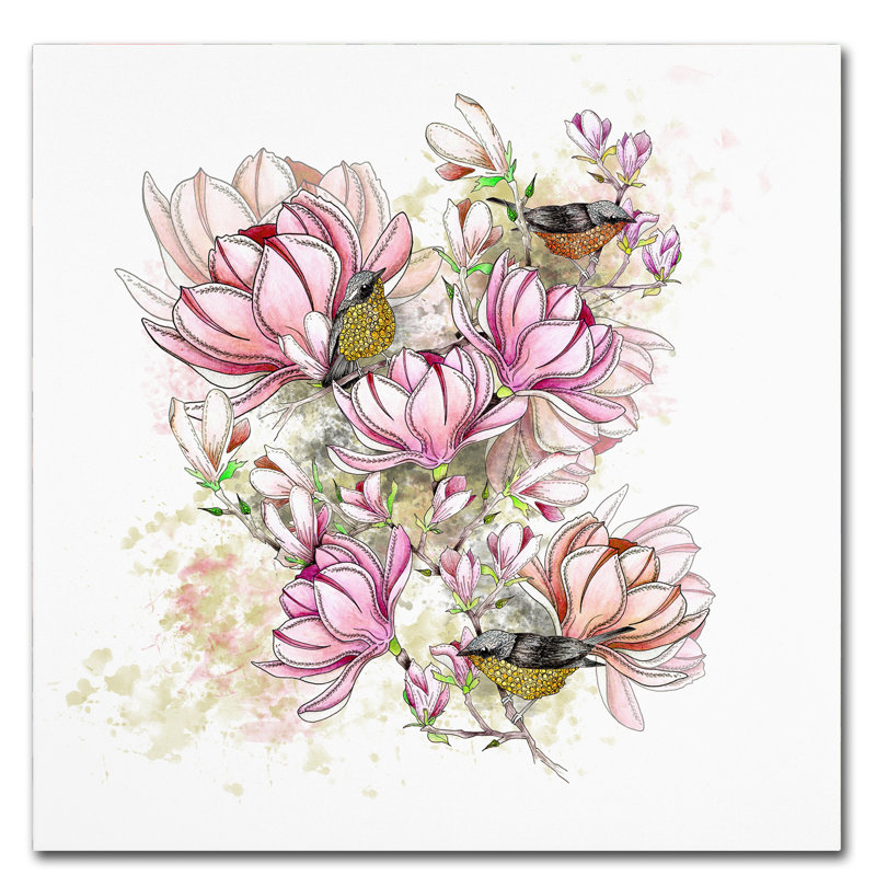 Glorious Magnolia Days Pink Flowers and Birds Canvas Art