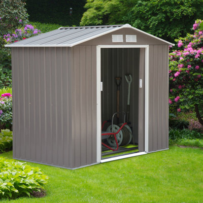 Outsunny 7' x 4' Outdoor Storage Shed, Garden Tool Metal Shed with Foundation Kit, Double Lockable Door, Air Vents and Sloping Roof, for Backyard, Patio, Lawn, Gray