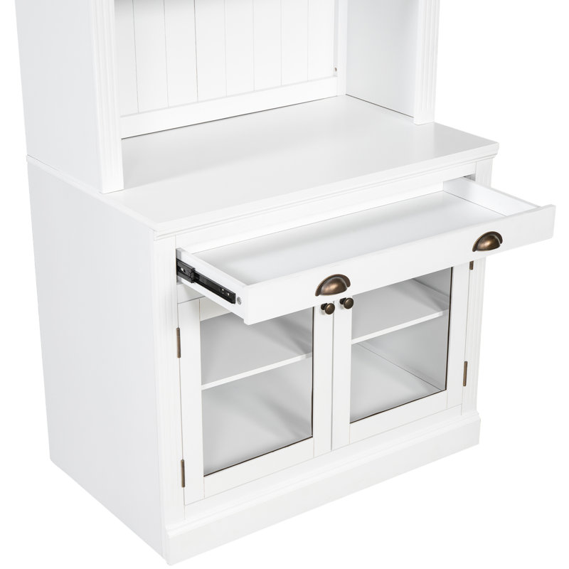 Bibliothèque blanche moderne de 83,4 po de hauteur avec 2 portes en verre, 1 tiroir, une tablette réglable et un tiroir lisse - en bois massif, matériau rectangulaire de style 3 tablettes ouvertes pour l'organisation de bureau en bois