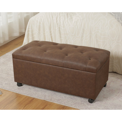 35.4” Rectangular Faux Leather Storage Ottoman Bench With Casters