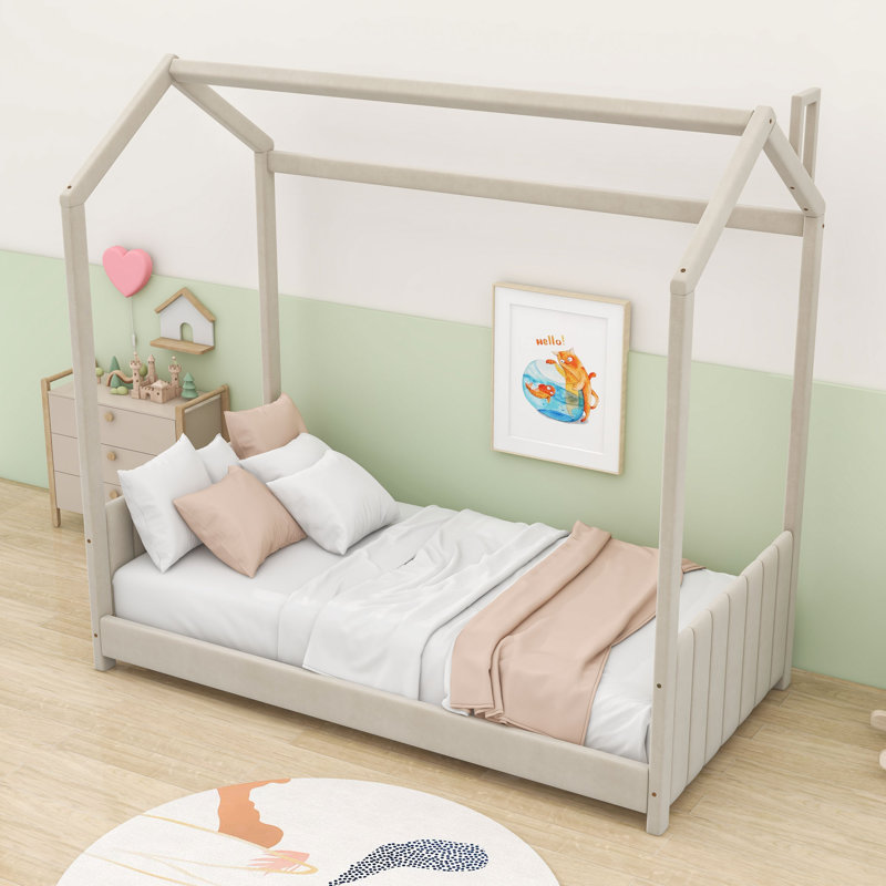 Upholstered House Bed With Roof Design, Beige, Twin