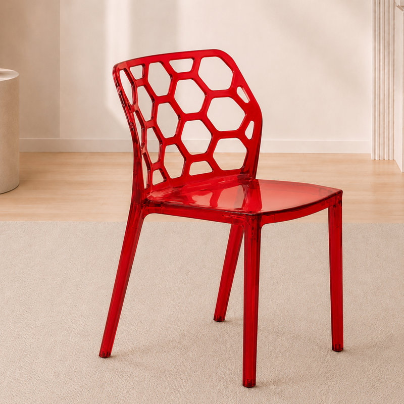 Jakubowski Dynamic Modern Plastic Dining Side Chair with Honeycomb Design, Transparent Red, Set of 2