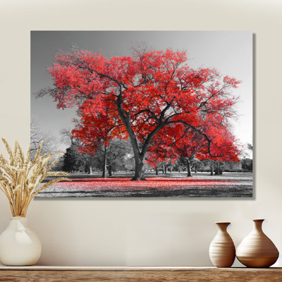 Arbre rouge sur ton gris - art mural arbre, reproduction d'art sur toile avec arbre rouge