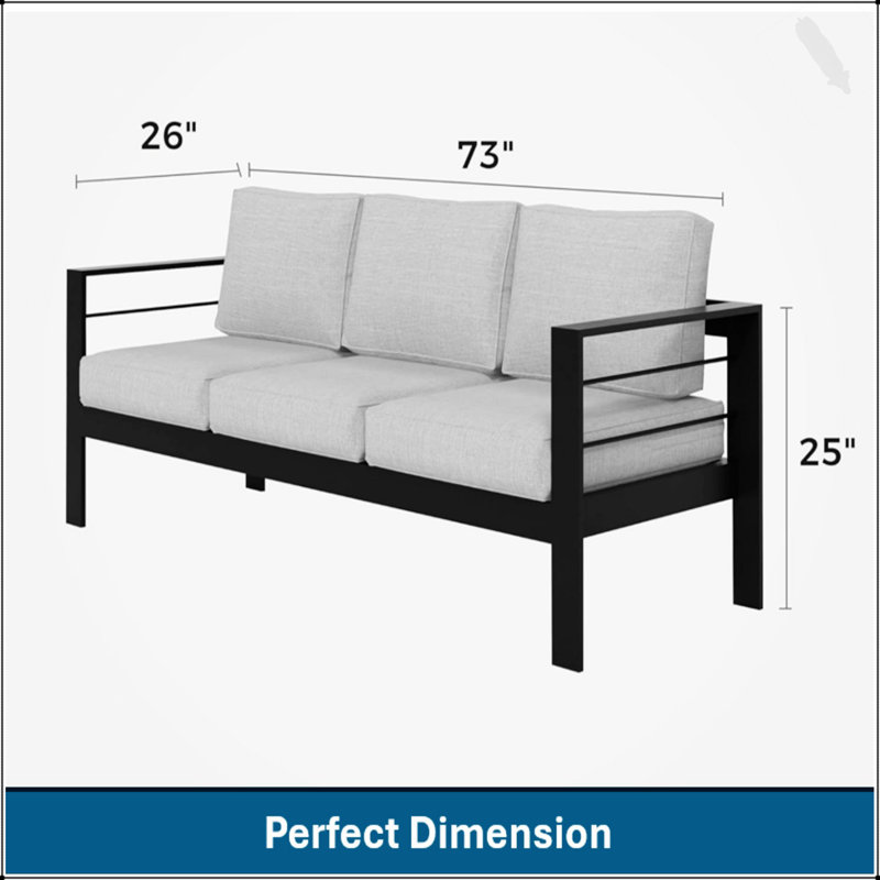 73 Inch All-Weather Aluminum Patio Sofa, Durable And Stylish Outdoor Seating For Year-Round Use, Gray Cushion/Black Frame