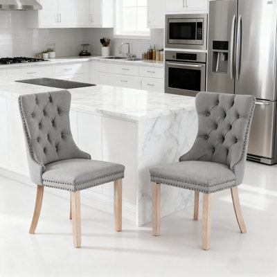 2-Pcs Modern High-End Tufted Dining Chair Set - Solid Wood Legs, Nailhead Trim, Flax Linen Upholstery (Us Shipping)，Gray