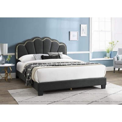 Modern Queen Bed With Built Led And Charcoal Wool - Bedroom Essential Item Headboard Fabric Stylish Platform Frame