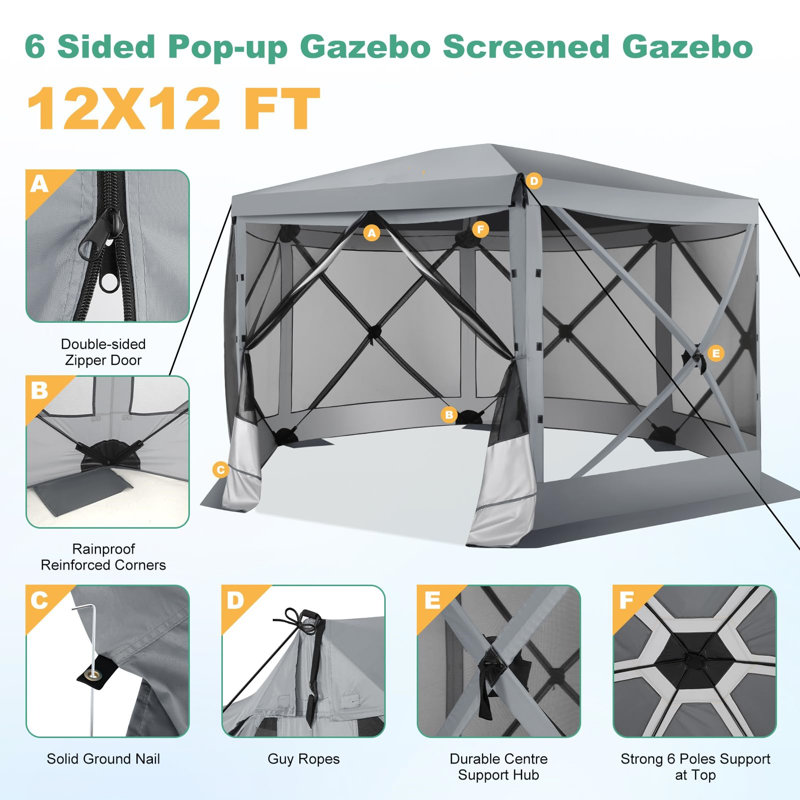 12'x12'FT Screen Room with Mosquito Netting, Grey