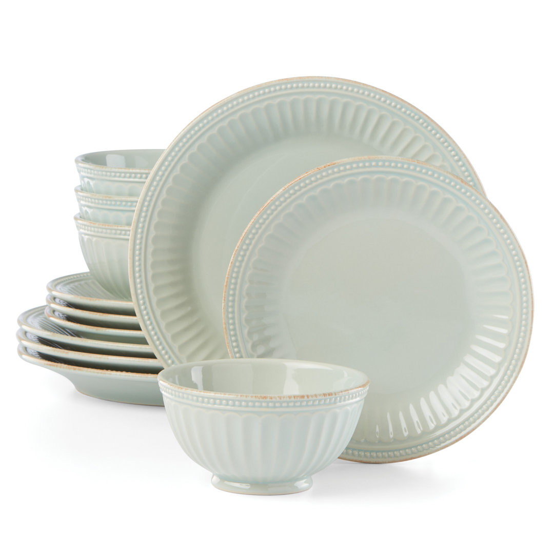 French Perle Groove Ice Blue Plate & Bowl Dinnerware (Set of 12) Lenox