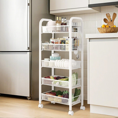 5 Tier Rotating Storage Rack Cart, Metal Mesh Rolling Cart Organizer with Top Lid, Fruit and Vegetable Storage Trolley, Metal Wire Shelf with Lid for Kitchen, Living Room