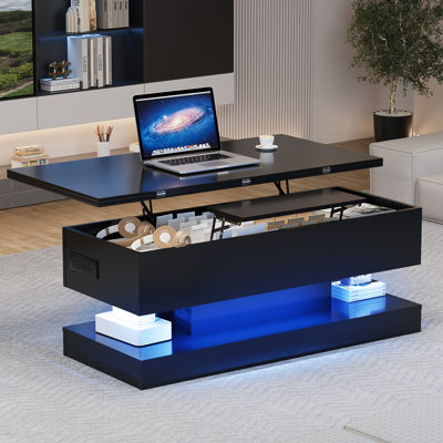 47.2 Inch Large Lift Top Coffee Table Modern High Glossy LED Storage Table with APP Control for Living Room Dining Room Home Office Black 47.2"l*19.29"w*17.72"h