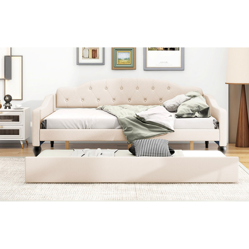 Lit de jour beige avec lit gigogne simple - offre un coin salon supplémentaire dans un lit fonctionnel et élégant