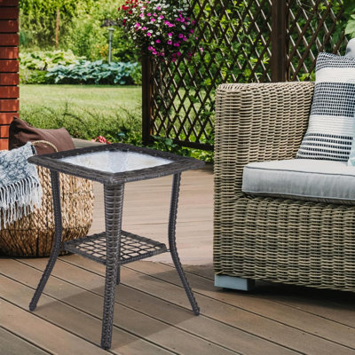Outdoor Side Table With Storage Wicker Patio Side Table  Tempered Glass Top End Table For Balcony Porch Deck