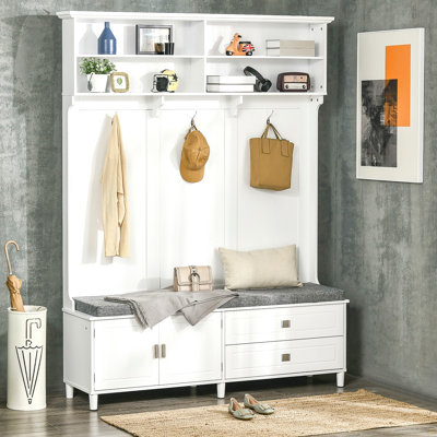 Arbre d'entrée avec banc de rangement, banc d'entrée avec portemanteau, portemanteau décoratif avec tablettes de rangement, armoire et tiroirs