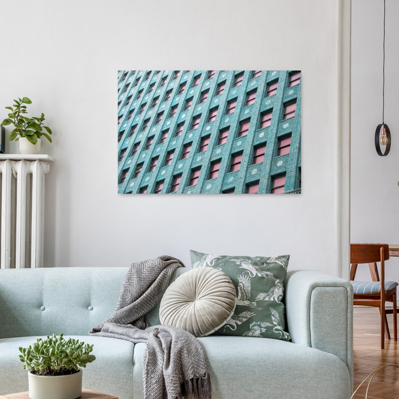 Brick Building With Pink Windows Abstract Contemporary Palm Architecture City Wall Art Print by Tom Windeknecht - Print