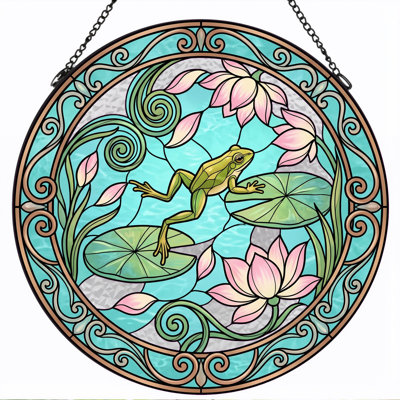 Frog Lotus Stained Glass Window Panel，7.8H
