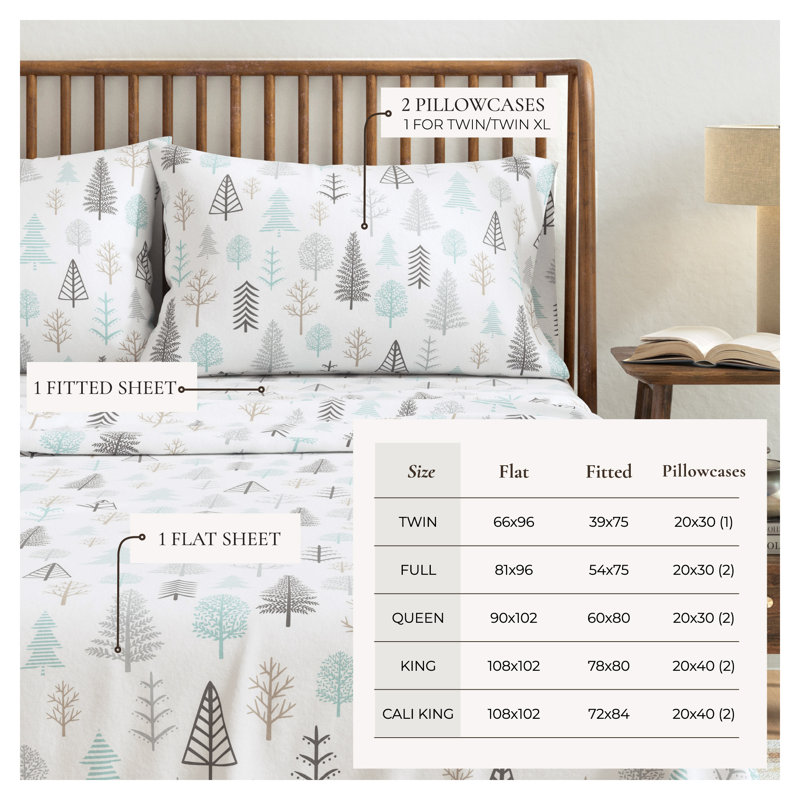 Ensemble de draps 100% flanelle d'hiver en coton turc, Forêts d'hiver, Grand avec deux taies d'oreiller