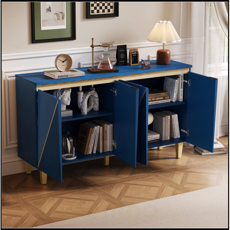 Retro Buffet Cabinet with Storage, 4-Door Vintage Sideboard with Dimensional Effect Doors and Adjustable Shelves for Versatile Use