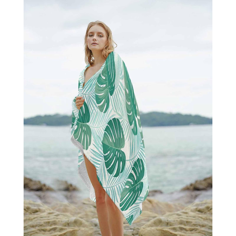 Minimalist Tropical Botanical Oversized Beach Towels - 60x80in Microfiber Beach Towels, Coastal Teal Palm Leaves Quick Dry Lightweight Pool Towel for Travel,Camping,Yoga