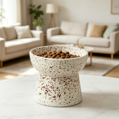 Speckled Elevated Ceramic Cat Bowl, Raised Neck Support Wide Flat Mouth Pet Food Water Bowl for Indoor Kittens & Cats, Anti-Vomiting Cat Feeding Dish