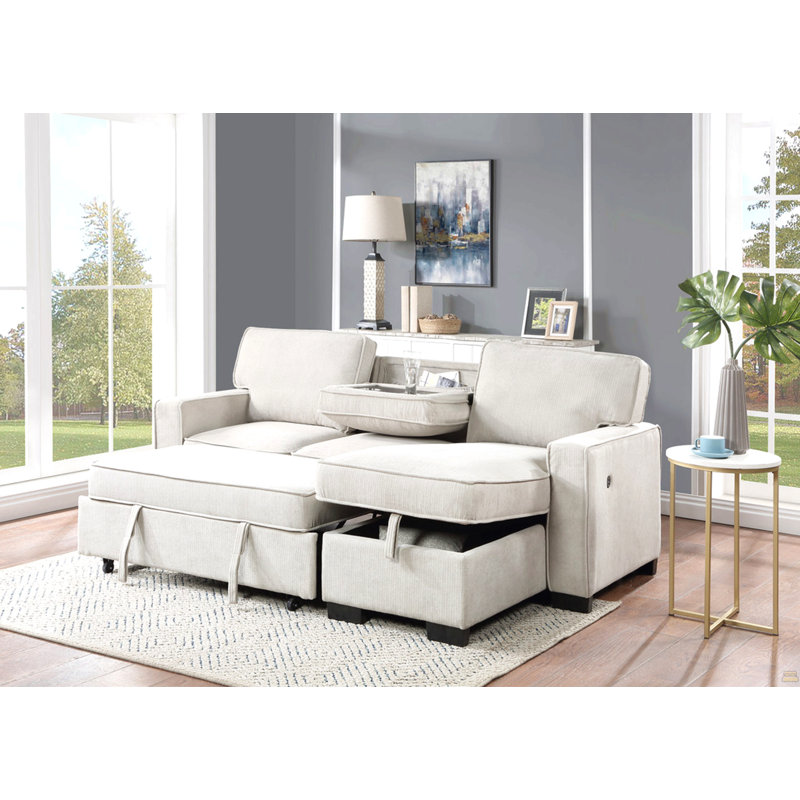 Ella 86.5"W Beige Fabric Reversible Sleeper Sectional With Storage Chaise Drop-Down Table 2 Cup Holders And 2USB Ports