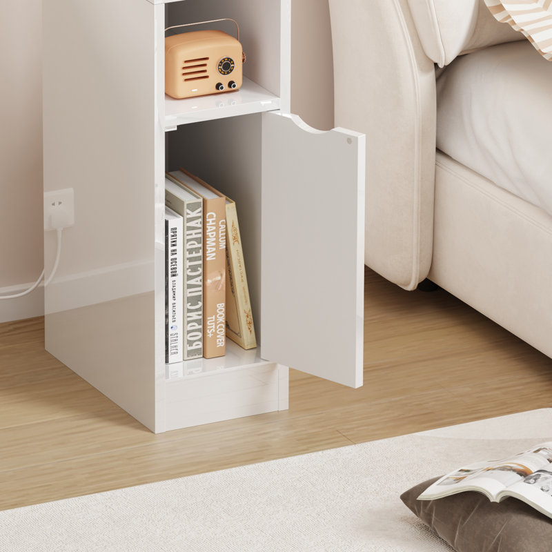 20 cm W Bedside Table, White High Gloss Door
