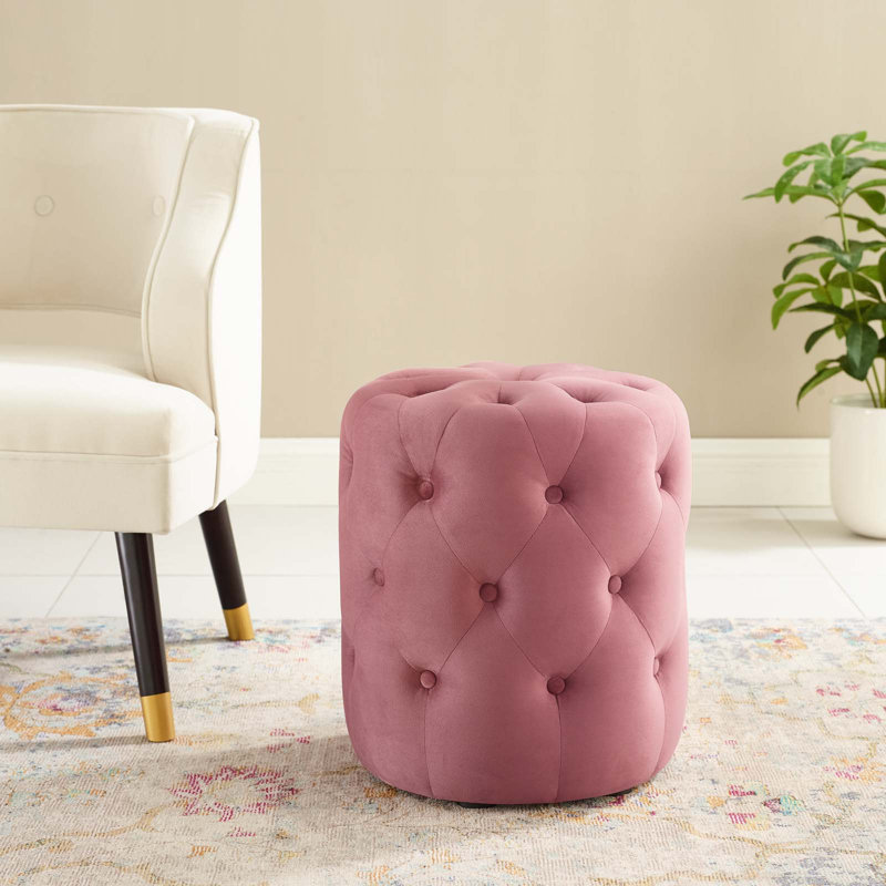Modway Amour Tufted Button Round Performance Velvet Ottoman, Dusty Rose