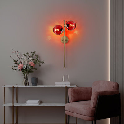 Elegant Wall Lamp with Metal Body & Glass Cap, Red and Gold Finish, 13.8 x 9.8 x 28.3 inches | Socket Type: 2 x E27 Max 40W, IP20 Rated | Perfect for Living Room, Bedroom, or Office Decor, Stylish Lighting Solution