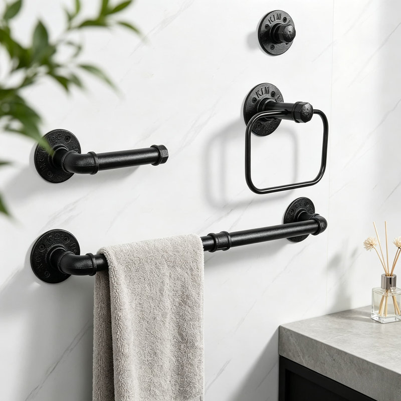 Ensemble de quincaillerie de salle de bain industrielle 4 pièces - Ensemble de porte-serviette mural, barre, crochet et support avec finition résistante à la rouille pour un décor de salle de bain moderne