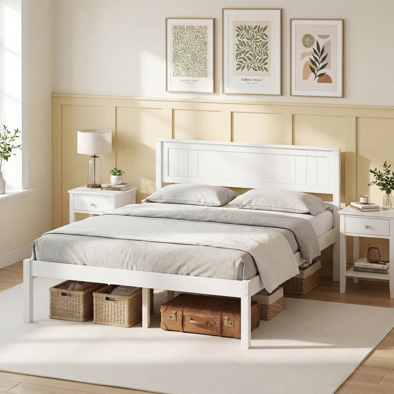 Structure de lit plateforme en bois pleine grandeur avec sommier pour tête de lit, blanc, Full / Double