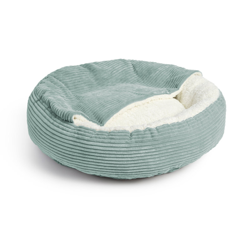 Lit rond rond avec capuche en velours côtelé, H 5 po x l 36 po x P 36 po, Sarcelle