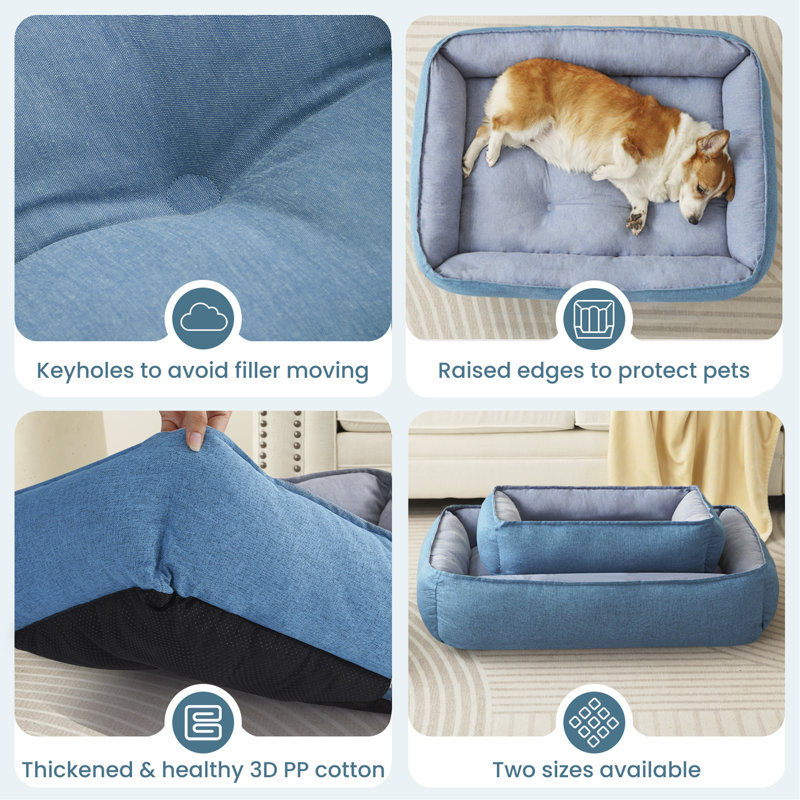 Large Blue Linen Rectangle Pet Bed with Bolster Cushion