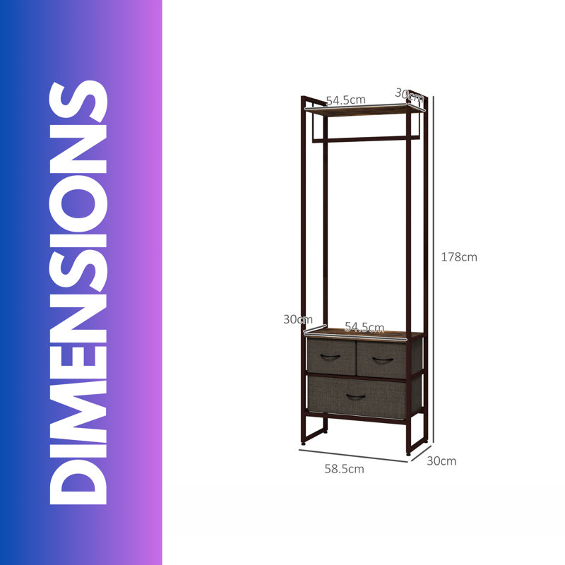 Industrial Hall Tree Coat Rack With 3 Fabric Drawers