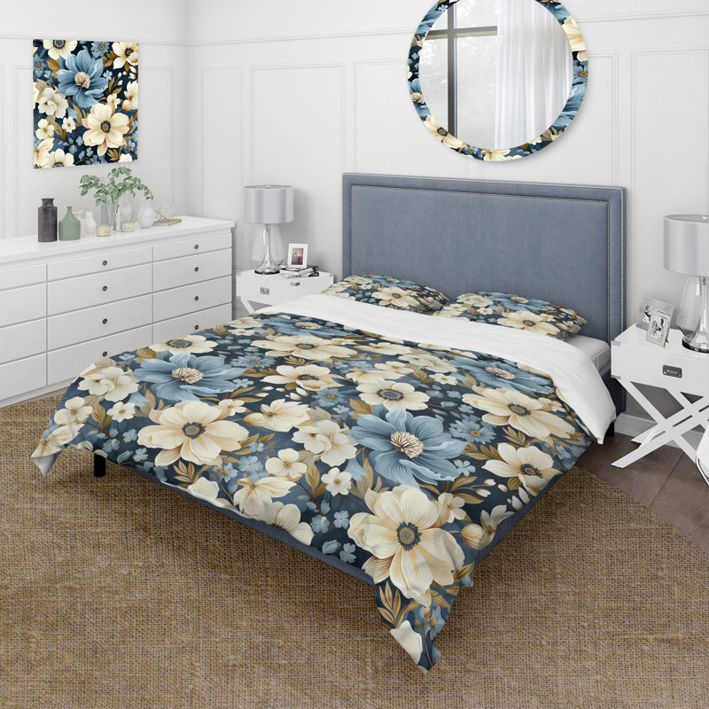 Ensemble de housse de couette à motif floral Blue Coastal Dreams, Housse de couette simple + 1 taie décorative stan