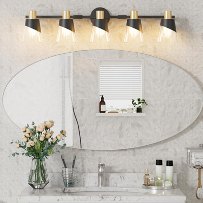 Bathroom Vanity Light Fixture Over Mirror, Wall Mounted Sconce With Beveled Edge And Clear Glass Shade, Black And Gold Finish For Modern And Farmhouse Decor