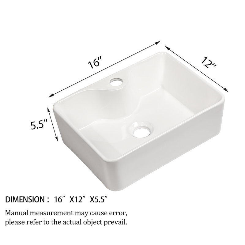 Lavabo de salle de bain Modern 16 "X12" - Récipient rectangulaire en céramique, blanc, teinture à faible absorption d'eau - pour