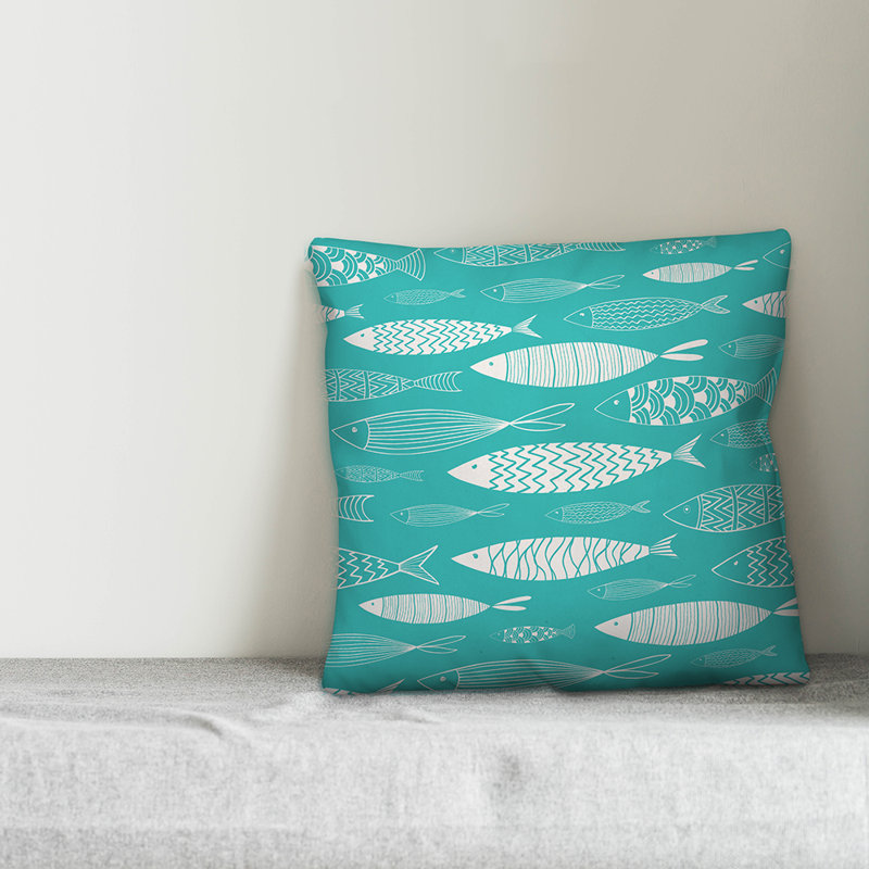  Coussin intérieur / extérieur School of Fish, 18 po x 18 po, Turquoise / blanc, Pas de bourre