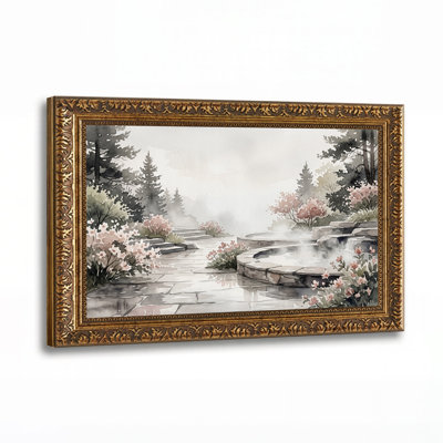 Tableau sur toile aquarelle représentant des marches en pierre et une source thermale avec des fleurs roses