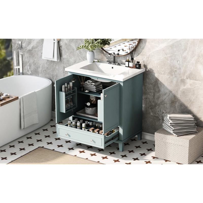 Meuble-lavabo moderne de 30 po avec lavabo encastré, panneau de rangement en bois massif et tablette réglable dans l'armoire, panneau de section amovible en peuplier, rangement argenté fonctionnel