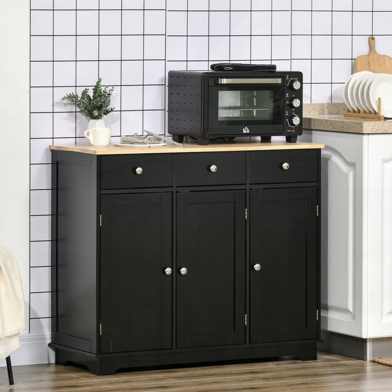 Buffet avec comptoir en bois massif, armoire de rangement de cuisine moderne, armoire à café avec 3 tiroirs, portes et tablette réglable