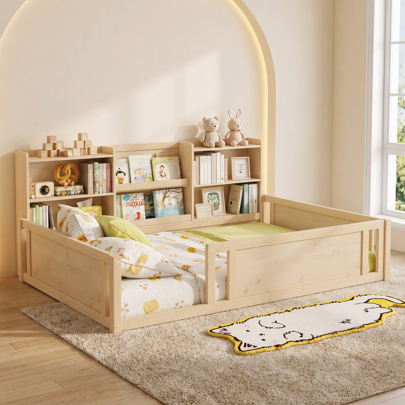 Lit double sur pied en bois avec tablettes de rangement pour enfants, Lit double, Naturel