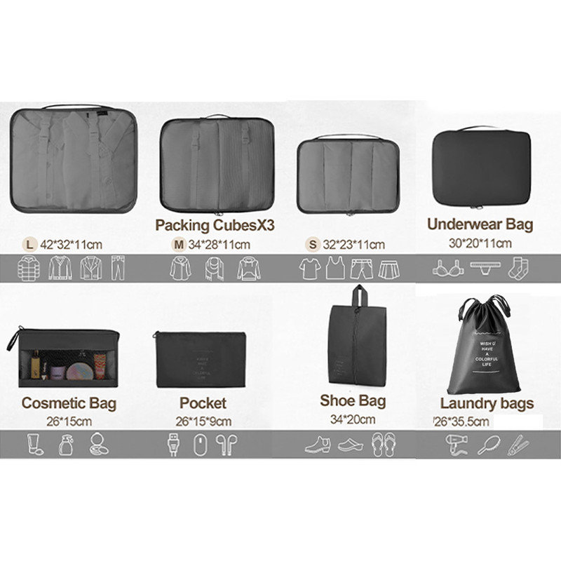 Emballage de cubes 8 pièces, sacs de rangement en maille respirants, organisateurs d'emballage, ensemble de sacs de voyage essentiels durables, organisateurs de voyage, sac à cosmétiques, noir