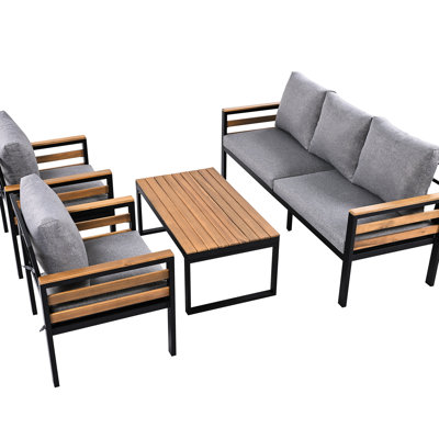 5 Patio Furniture With Wood , Removable Cushion, And Solid Coffee Table - Easy To Assemble, Grey 4 Outdoor Comfortable Stylish,