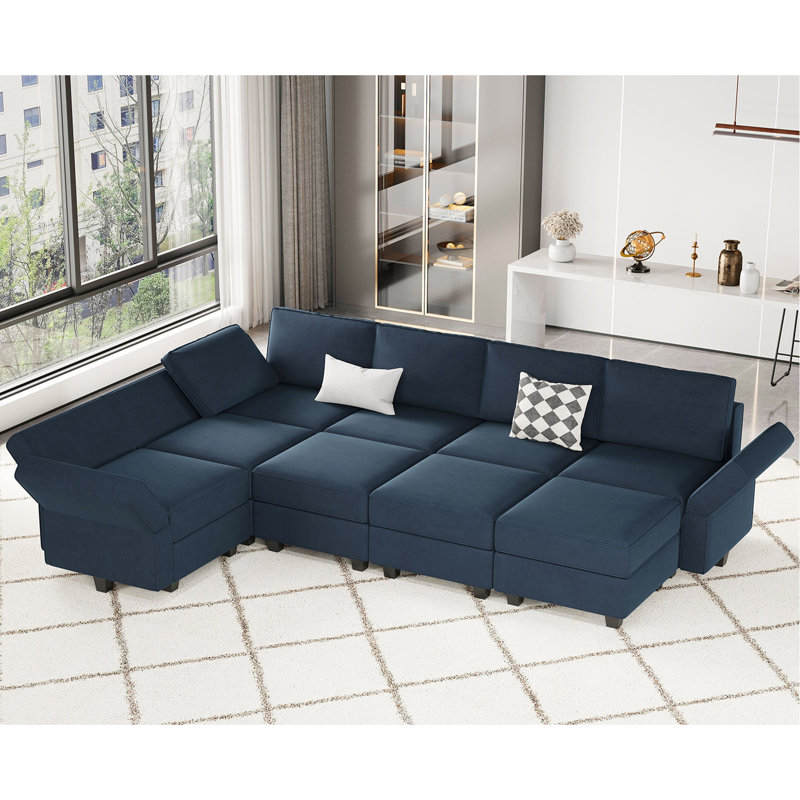 Teangela 116.6'' Variable Sectional U Shape Couch Module Velvet Sofa Bed with Storage Seat Ottoman, Blue Velvet