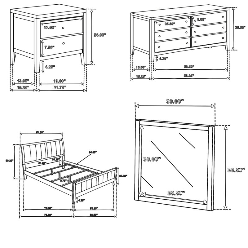 Ensemble de chambre à coucher double 4 pièces Wily, miroir de commode, revêtement brun foncé Wily, Brun cacao foncé / nickel
