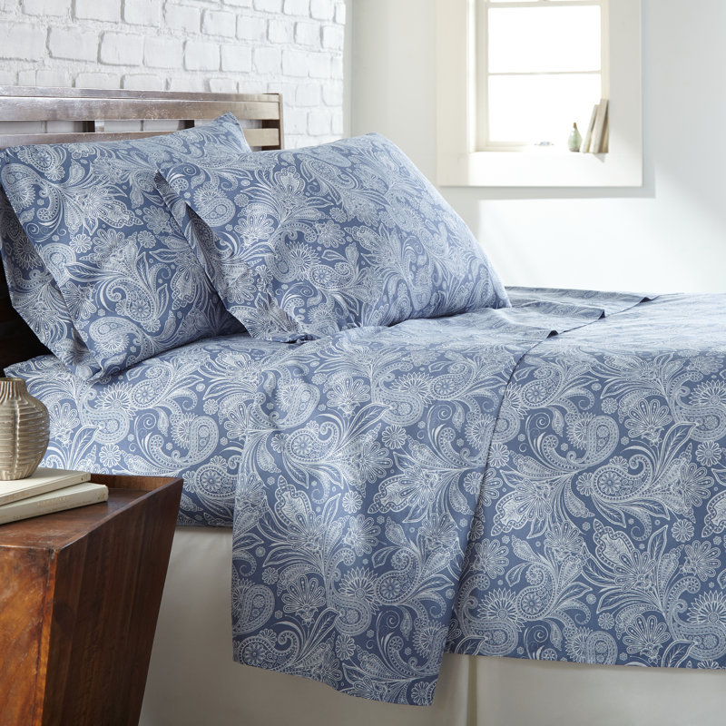 King Blue and White Paisley Microfiber Sheet Set