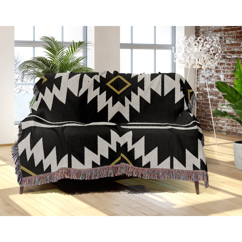 Wapi South Western Cotton Blend Blanket Throw, Black/Off-White, 80" L x 60" W
